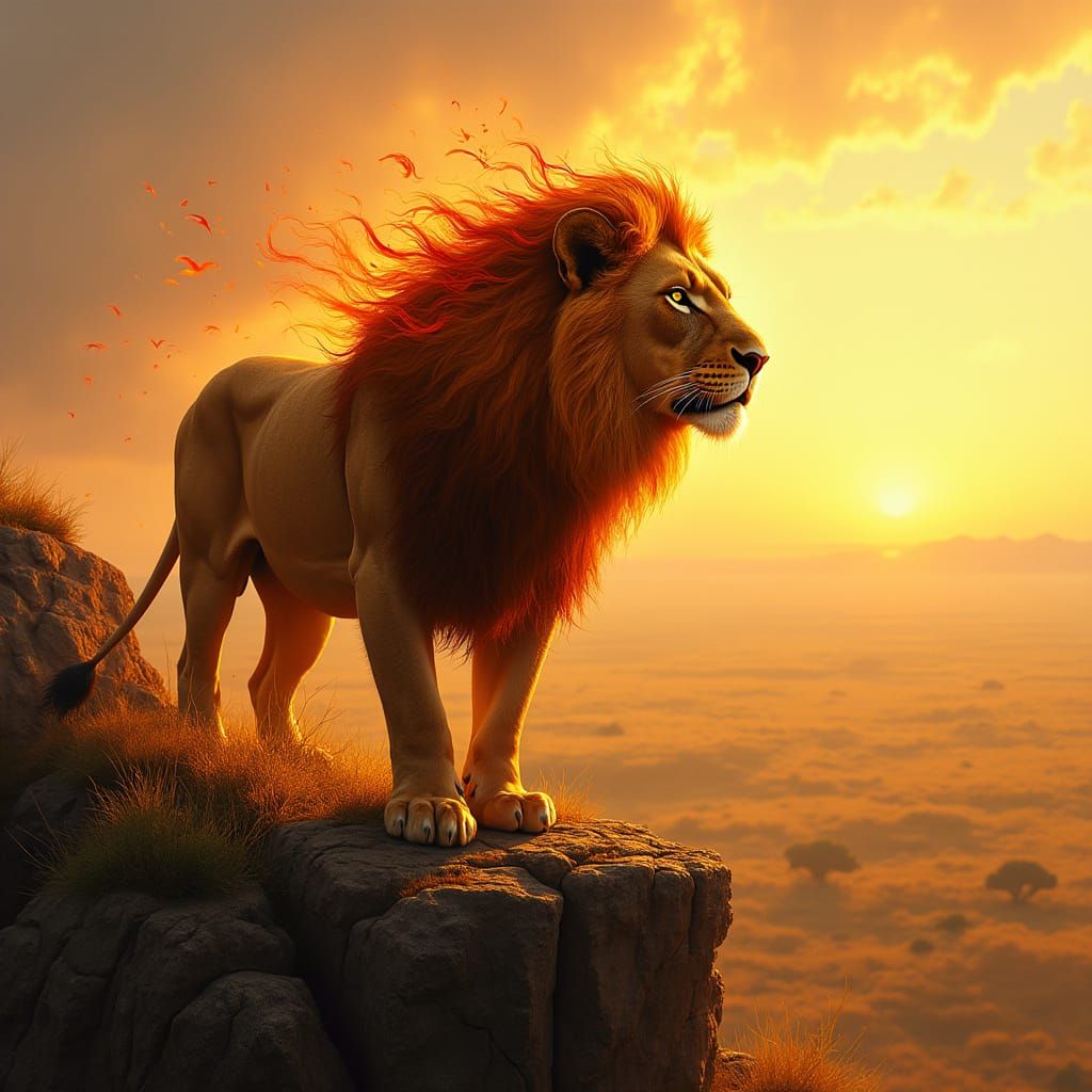 Majestic Lion Roars Over Sunlit Savanna in Dramatic Realism