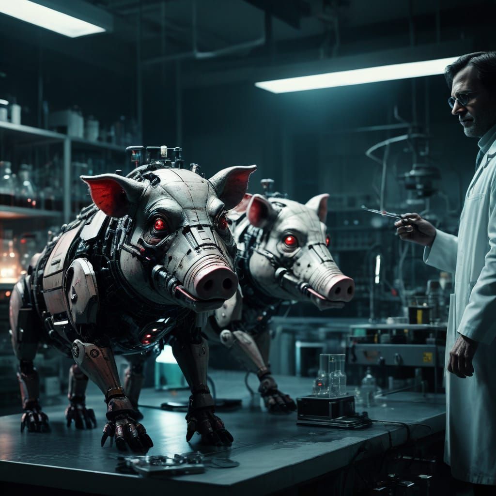 Sci-Fi Horror: Scientist and Robopig in Lab