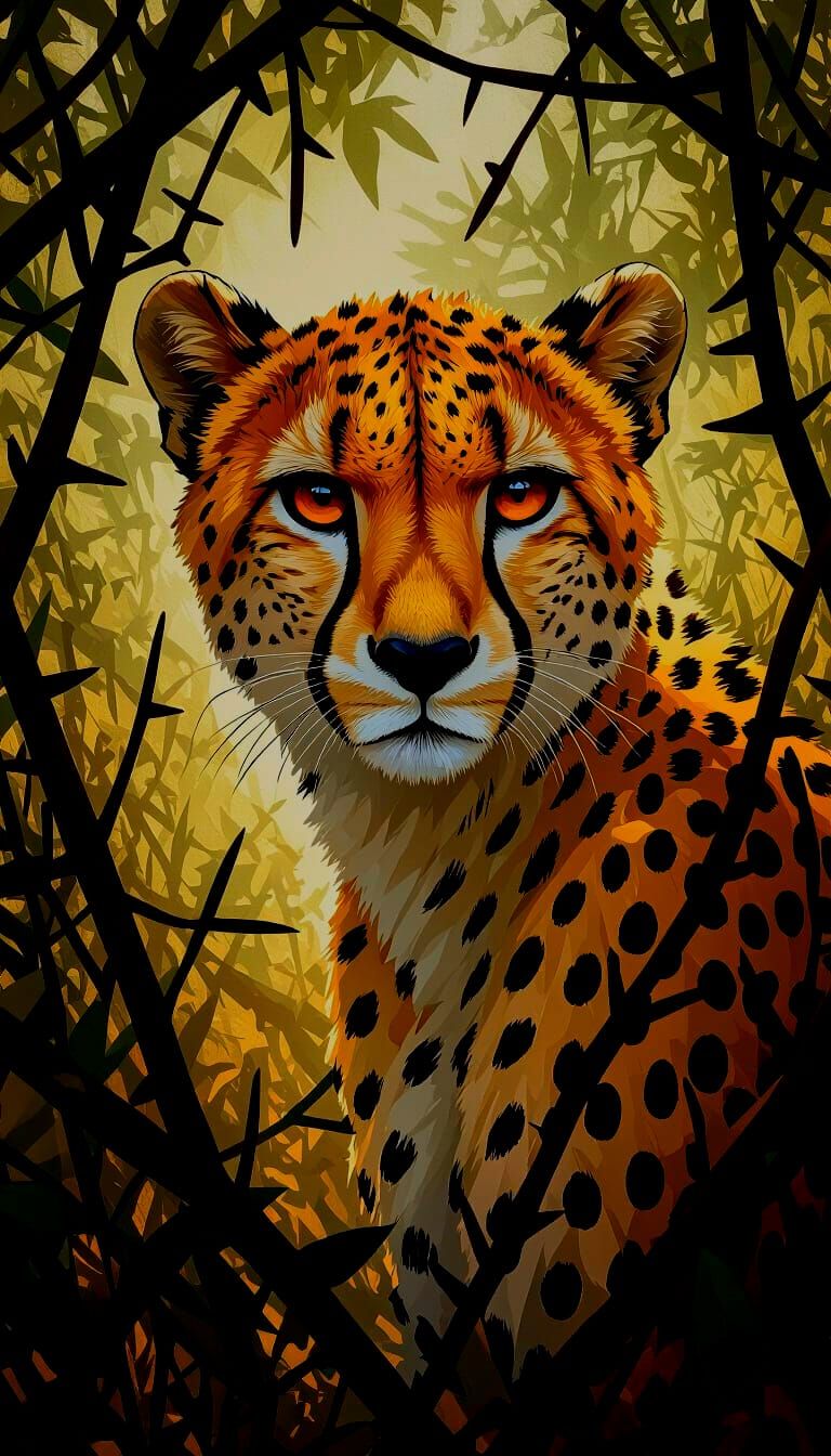 Camouflaged Cheetah Peeks Through Thorny Savannah Brush