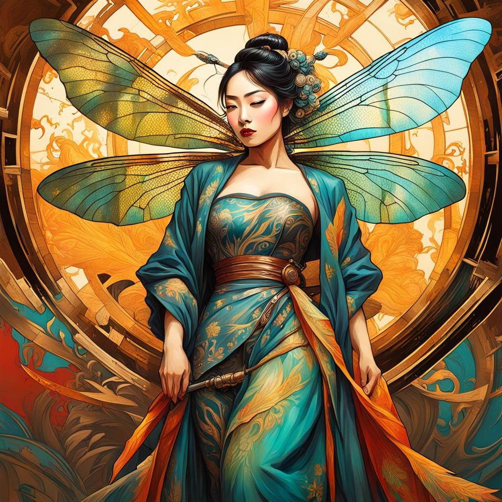 Gorgeous asian woman with curves and majestic dragonfly wings, Henri de Toulouse-Lautrec and Alphonse Mucha