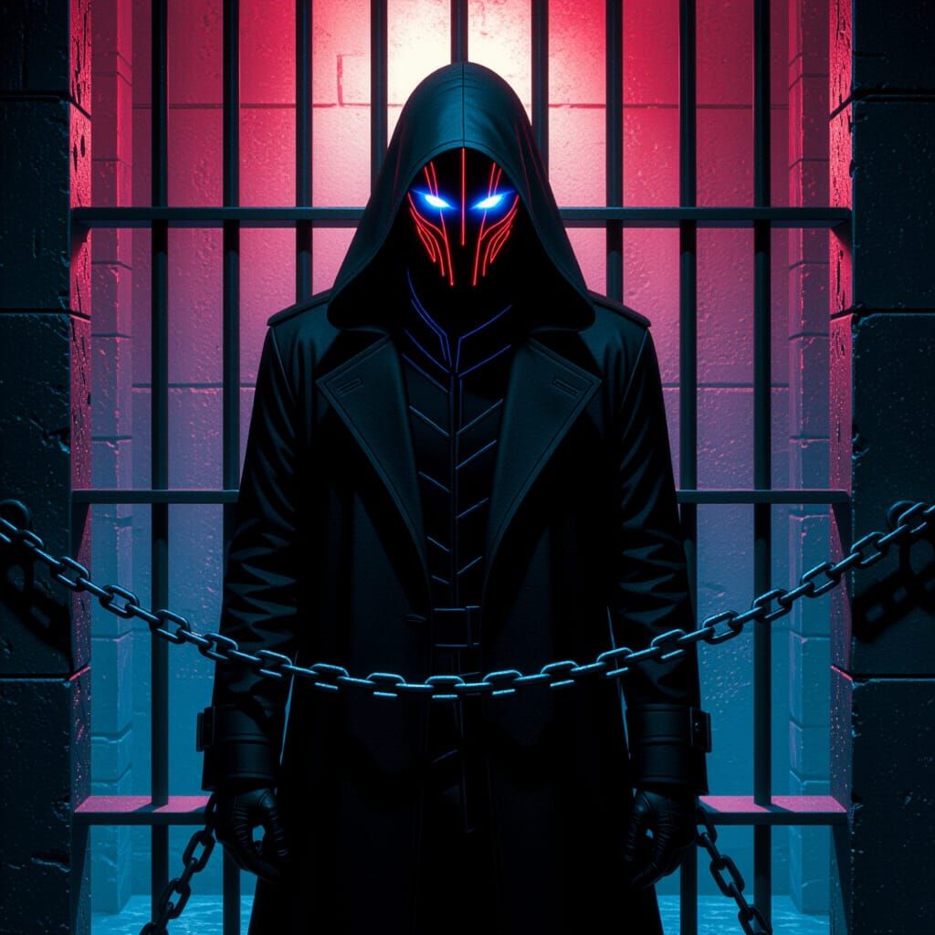 Chained Figure in Sci-Fi Jail with Glowing Eyes