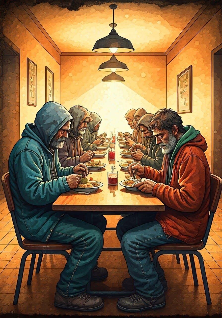 Soup Kitchen Meal in Watercolor and Alcohol Ink Style