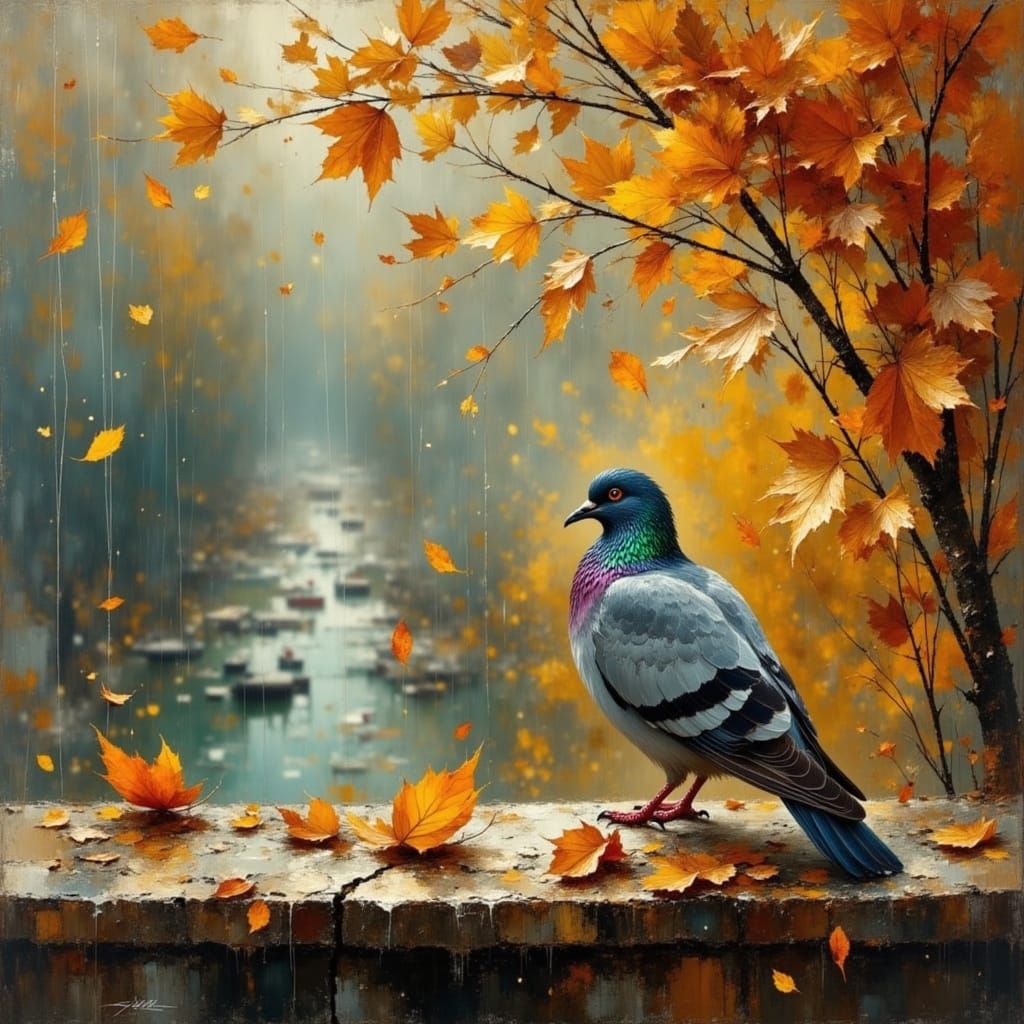 Pigeon in Autumn Rain: Impressionistic Oil Painting