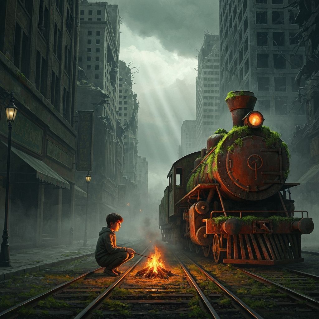 Overgrown Steam Train Campfire in Ruined City Oil Painting