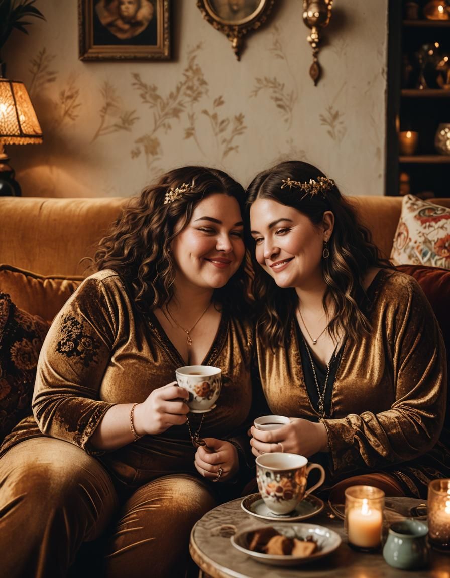 Cozy Lesbian Couple in Bohemian Art Nouveau Style
