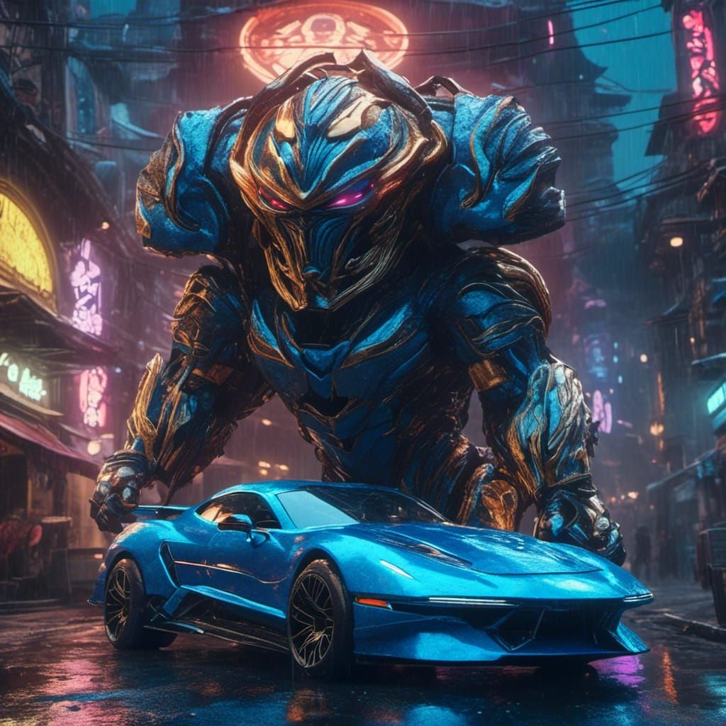 Cyberpunk Muscle Car in Rainy Alleyway