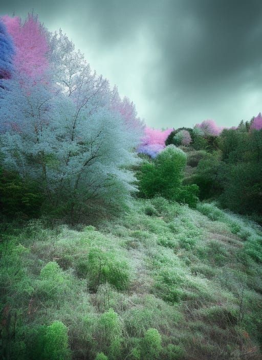 Eerily Lit Path in Vivid Infrared Film