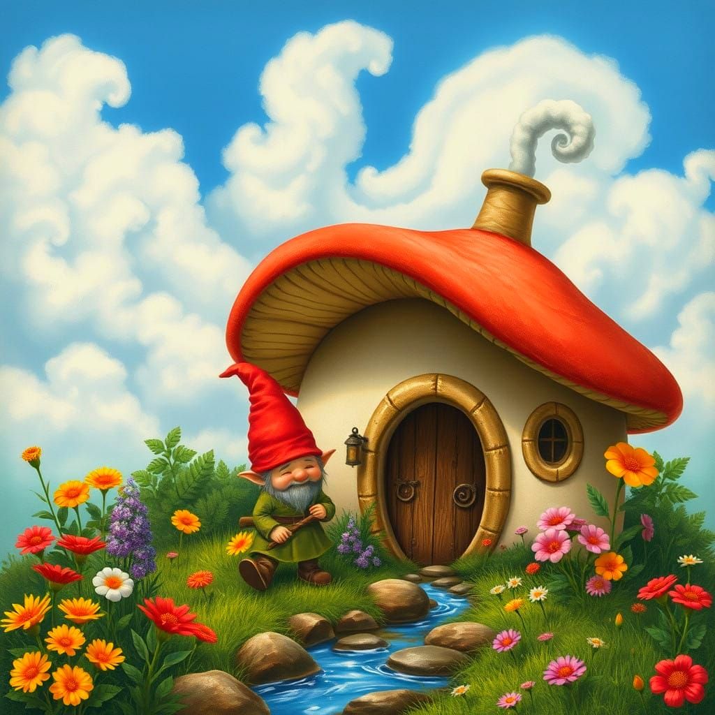 Whimsical Gnome in a Smoky Mushroom Village
