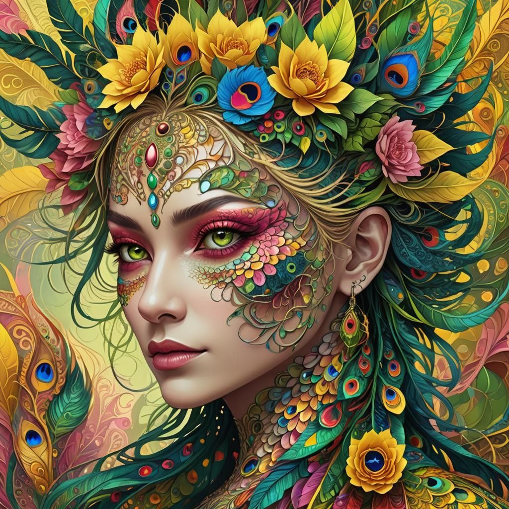 Colorful Dragon Peacock Woman in Fractal Art