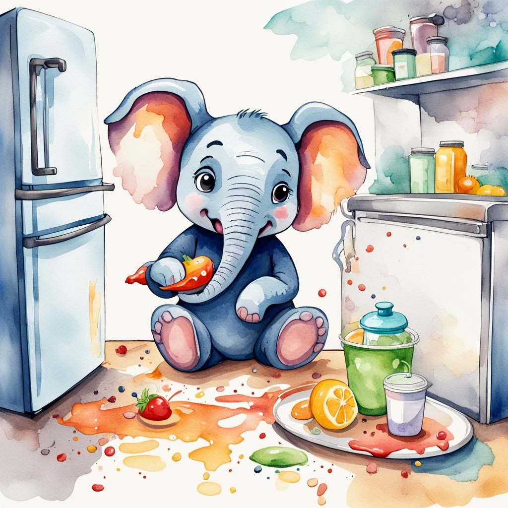 Cute Elephant's Kitchen Chaos: Minimalist Watercolor