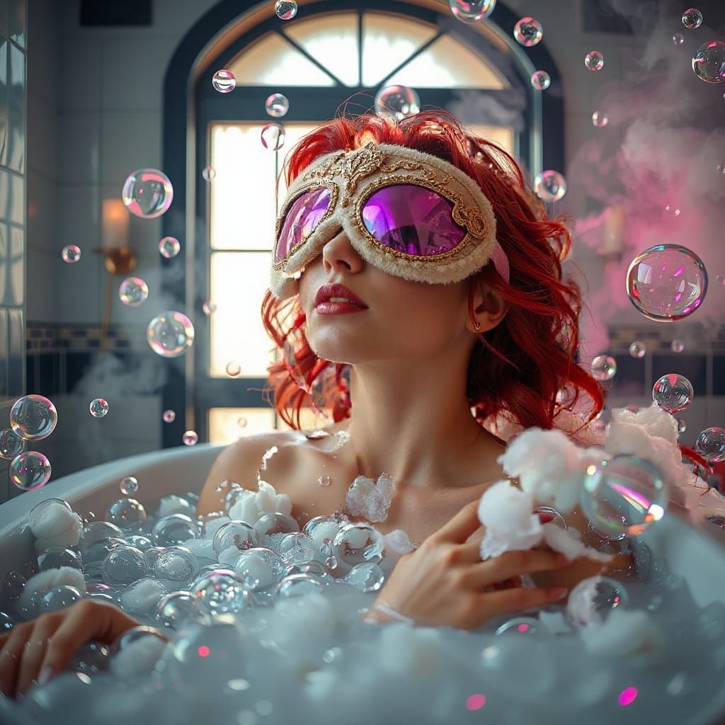 Surreal Woman Relaxing in a Tub of Shimmering Bubbles