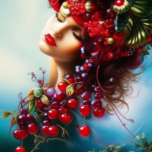 Brunette Woman with Cherries: Fantasycore Masterpiece