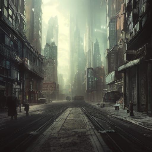 Decaying Technoir City Mirrored in Shadow