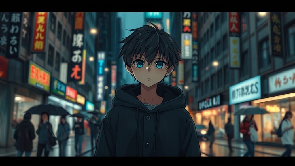 Rainy City Night: Anime Style Image