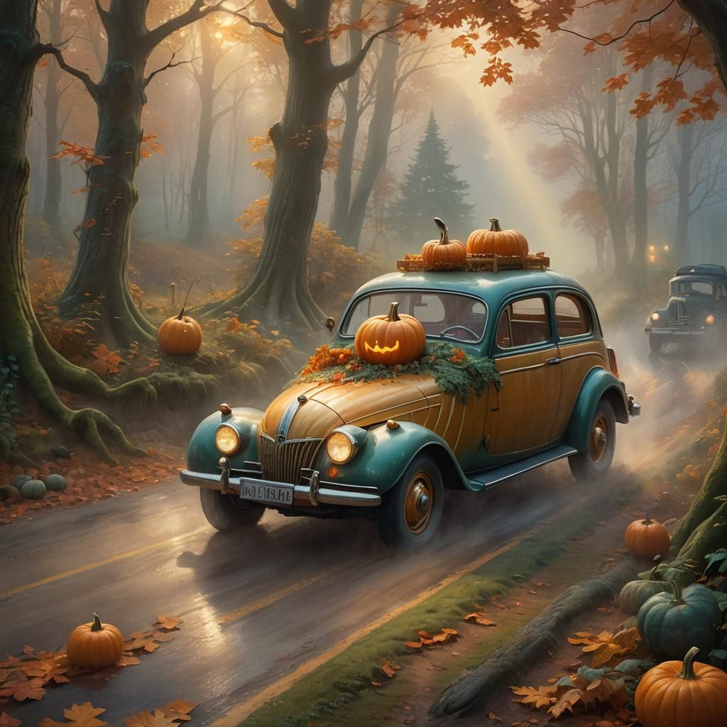 Vintage Car Transports Pumpkin Through Misty Forest