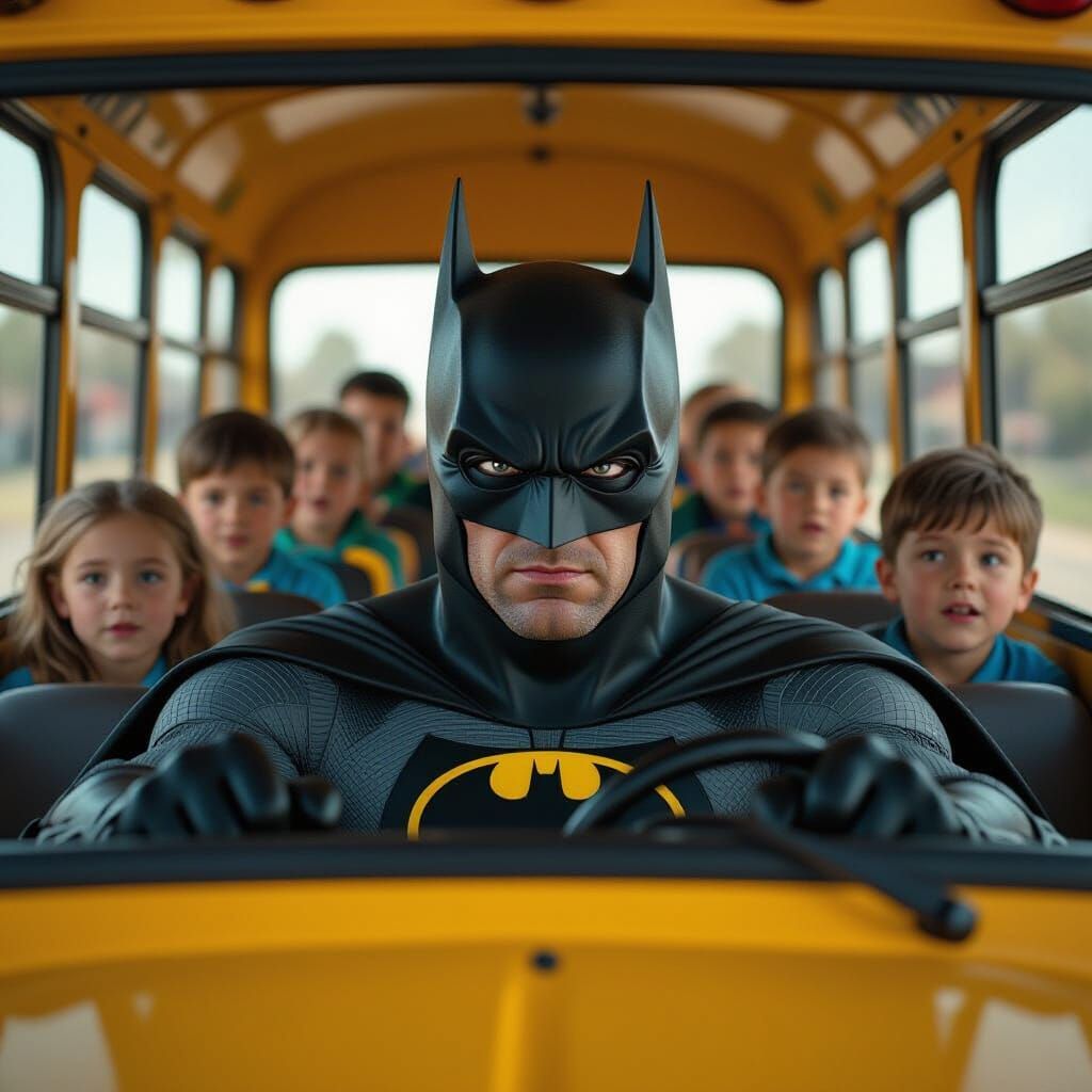 Batman Drives Chaotic School Bus in Photorealistic Style