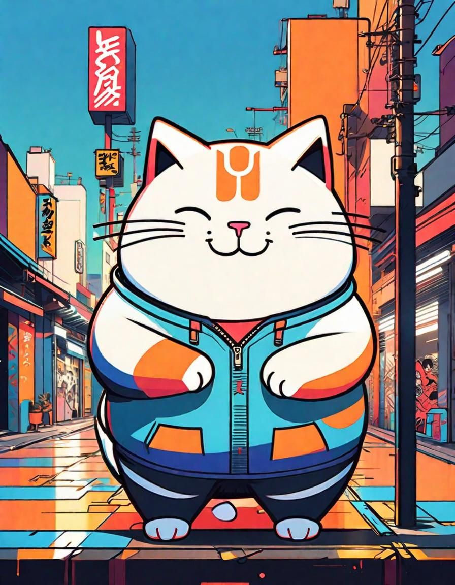 Anime Chubby Cat Illustration in Graffiti Style