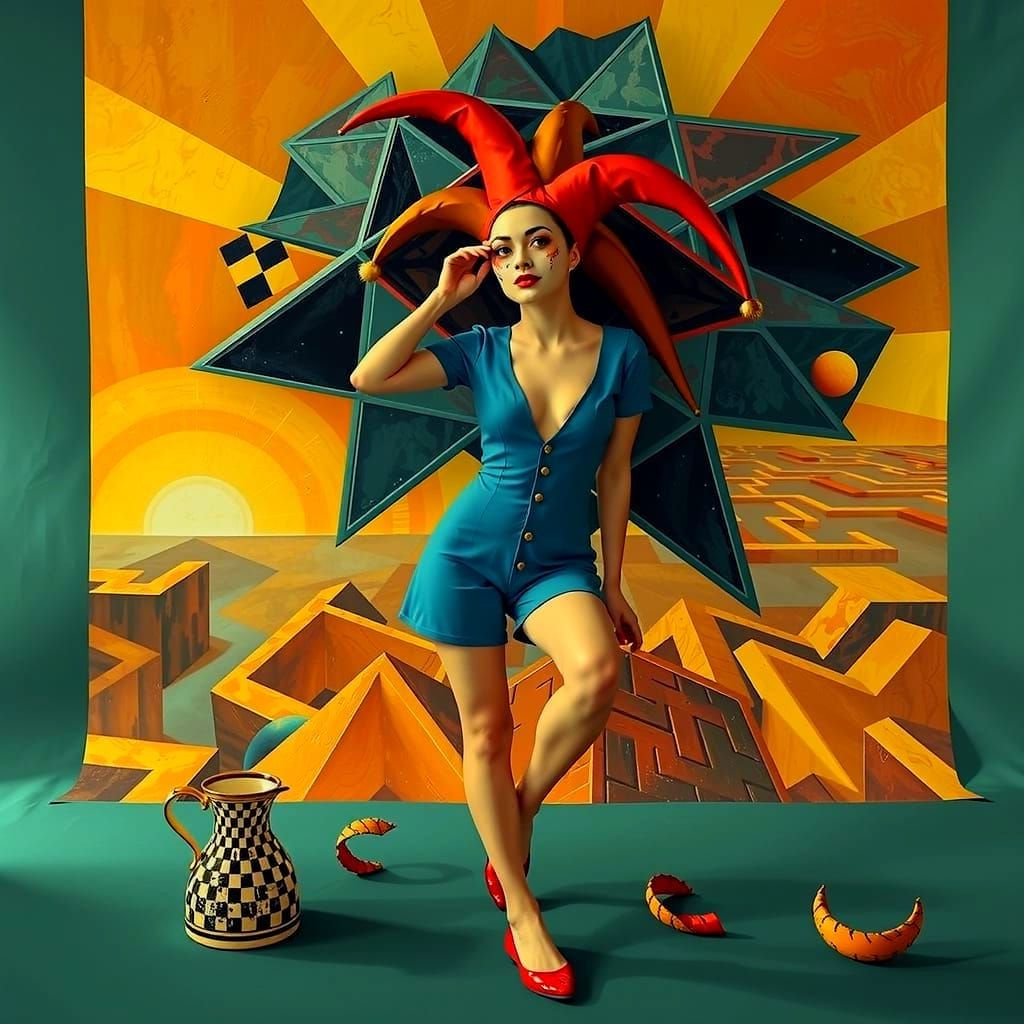 Harlequin Figure in Hypnotic Geometric Maze