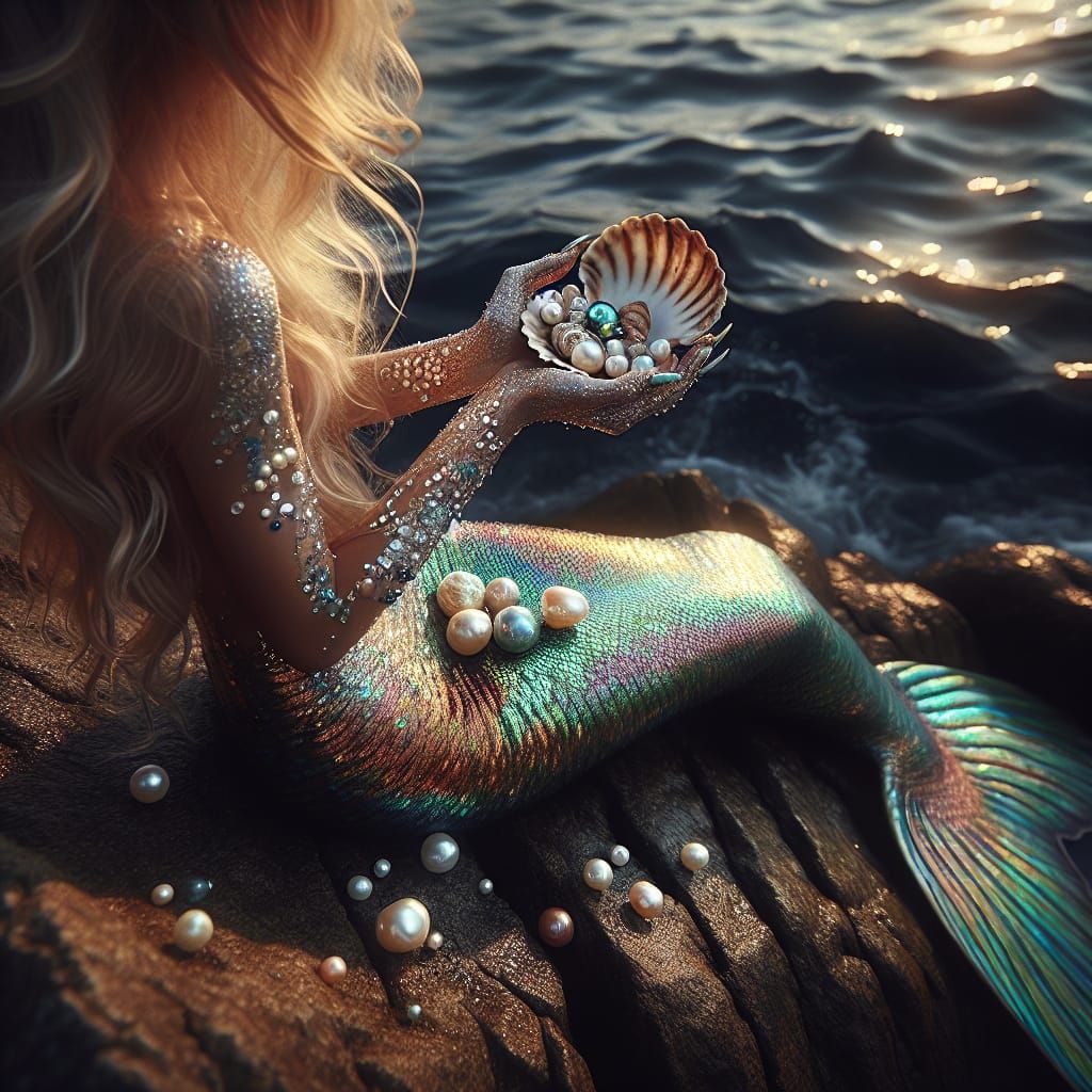 Blonde Mermaid Collecting Pearls by the Sea