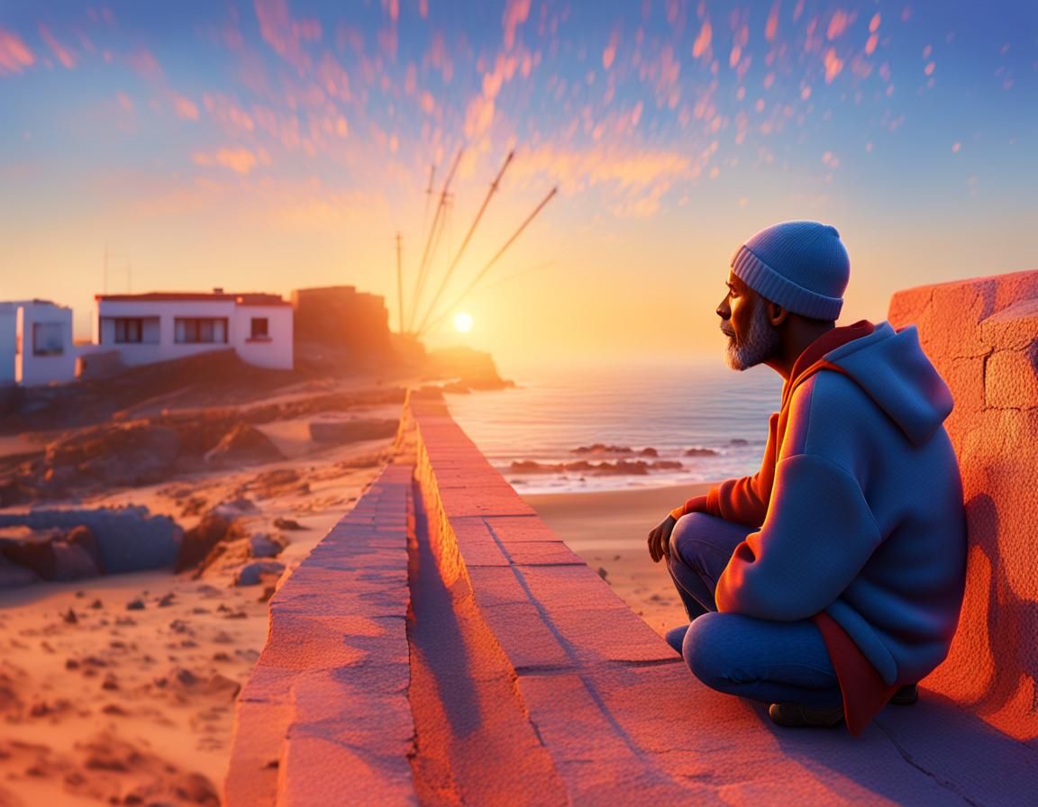 Homeless Person Gazing at Sunset: Pixar-Inspired 3D Art