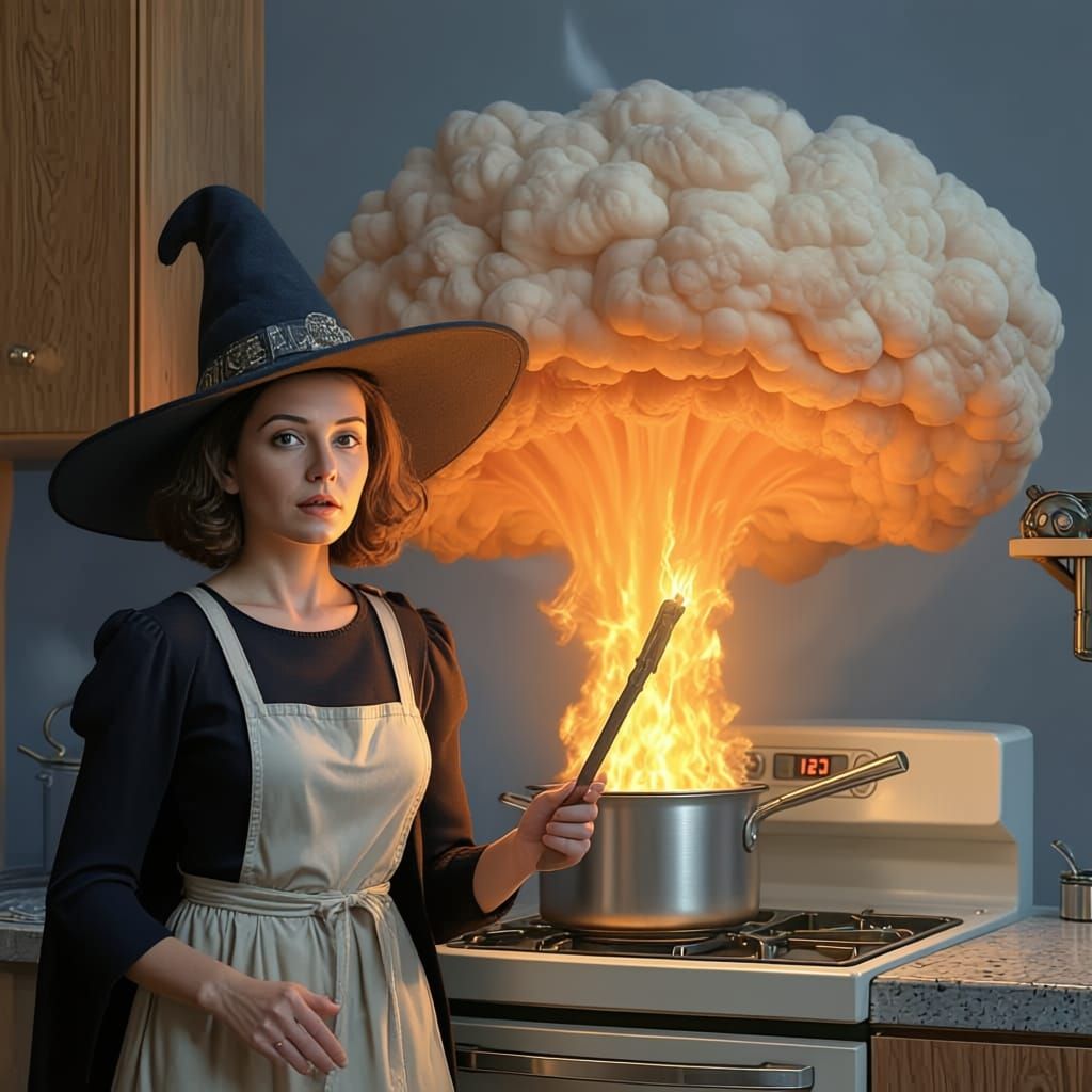 Woman Surprised by Mushroom Cloud from Cooking Pan