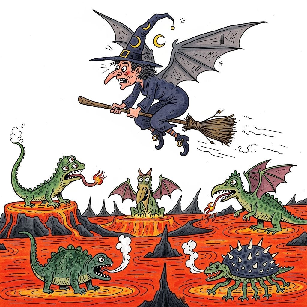 Whimsical Witch Soaring Over Lava Landscape, Hand-drawn Illu...