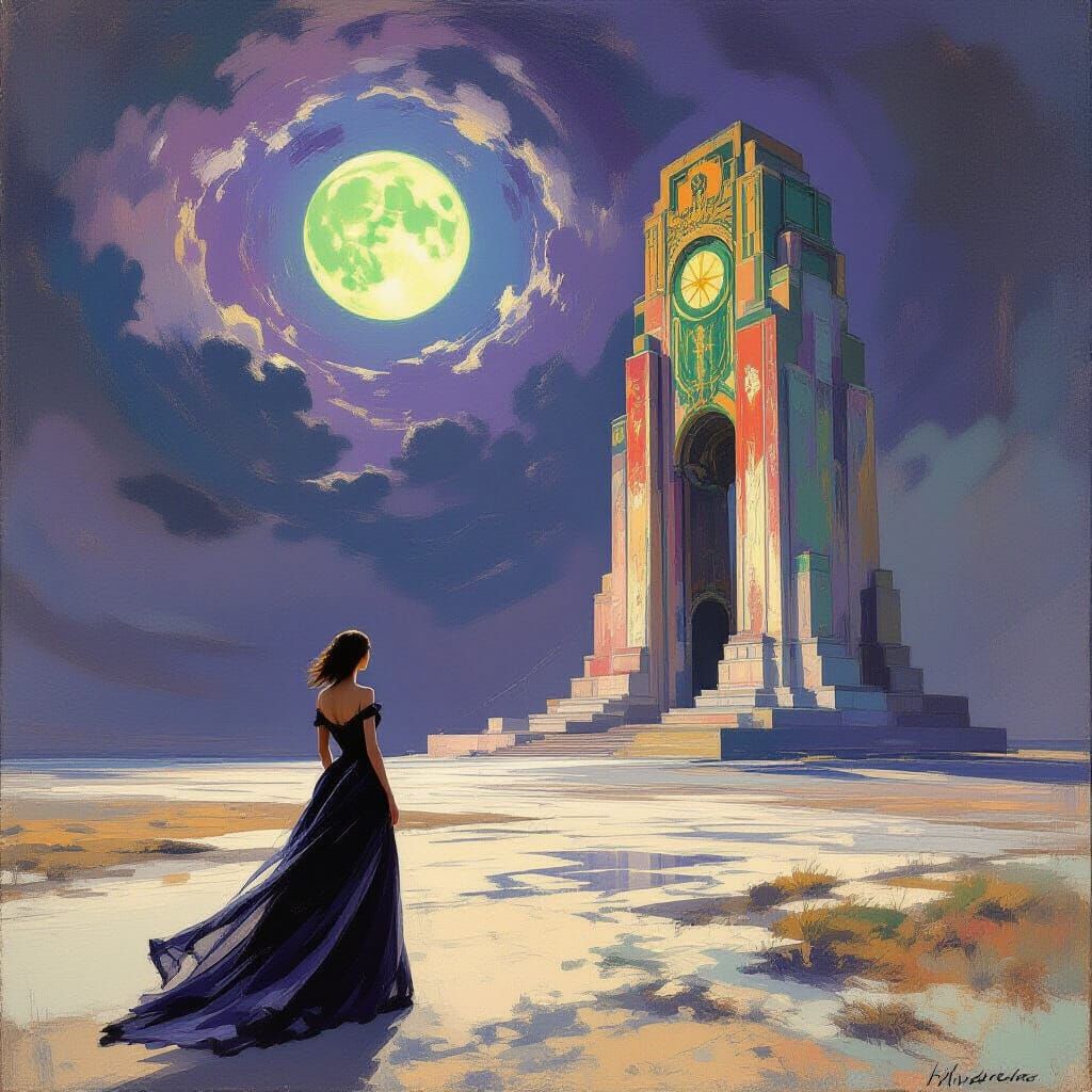 Woman in Avant-Garde Gown Before Decaying Art Deco Monument