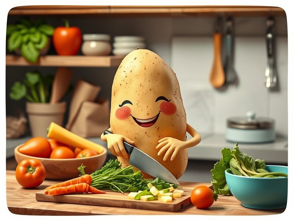 Cute Potato Chef Prepares Vegetables in the Kitchen