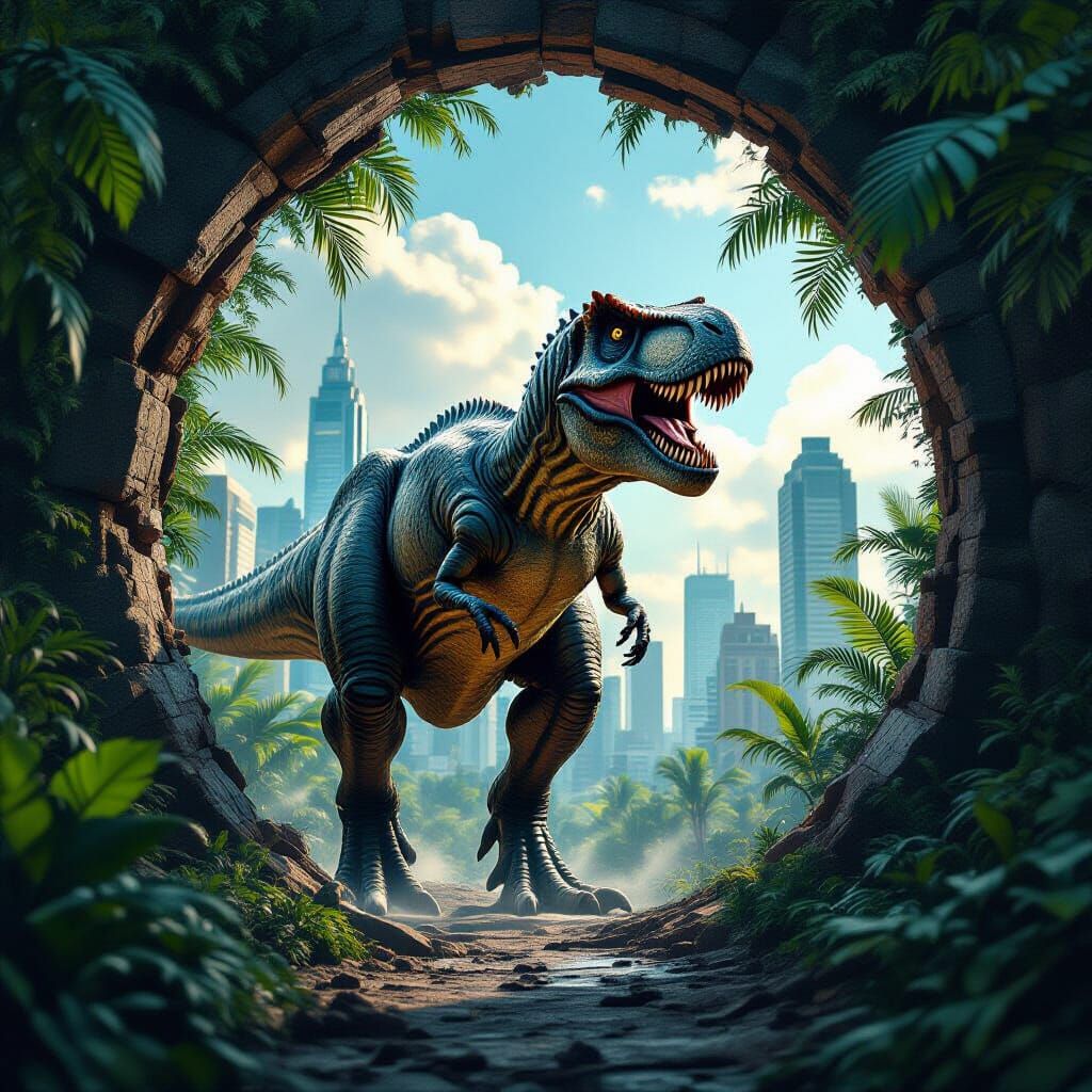 T-Rex Emerges From Time Portal in Hyperrealism
