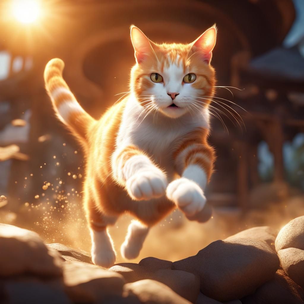 Ginger Cat Leaping from Sun: Fantasy Art
