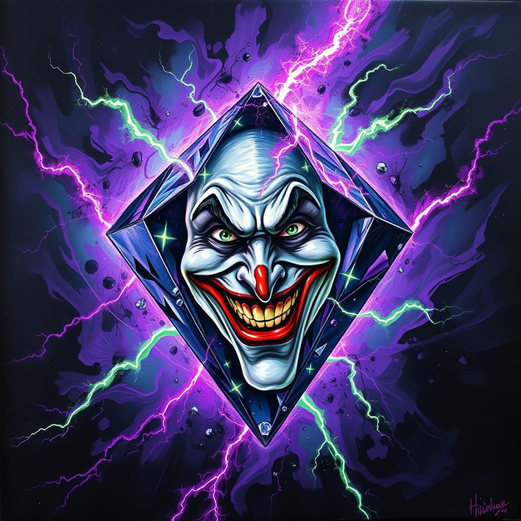 Surrealist Joker Emerges from Electrified Diamond
