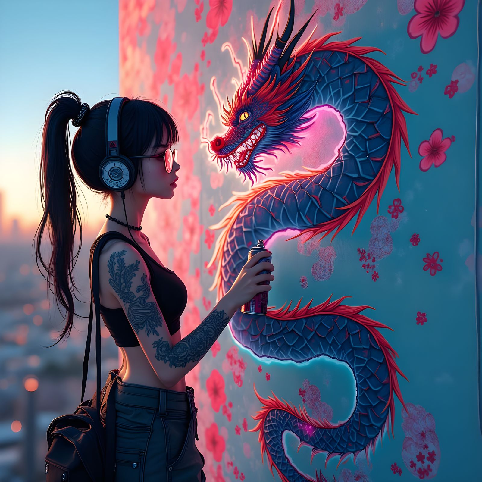 Cyberpunk Anime Woman Creates Japanese Dragon Graffiti