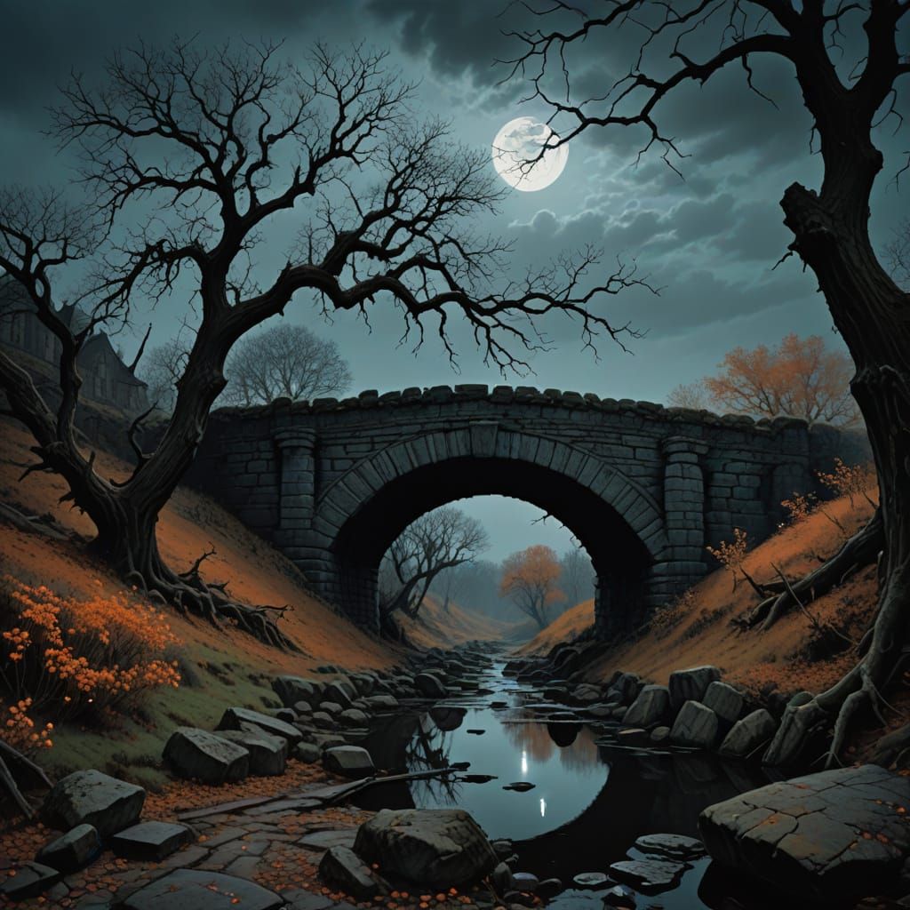 Ancient, Moonlit Brick Bridge in a Haunting, Gothic Landscap...