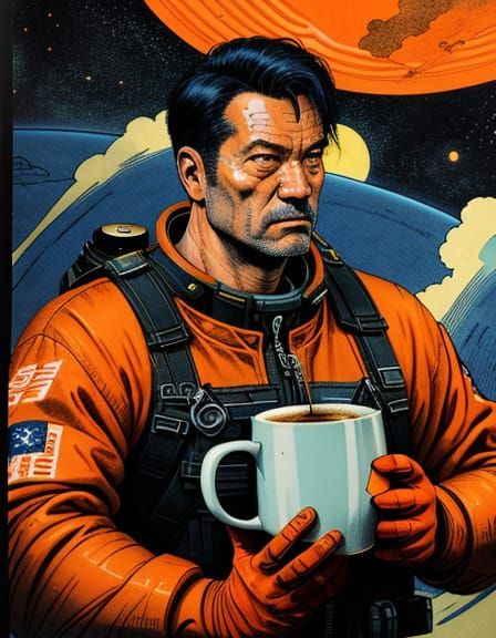 Astronaut and Rocket Coffee, Hyperrealistic Graphic Novel