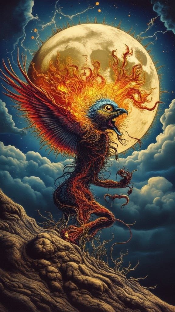 Man With Peacock Mutation and Fractal Face in Dreamscape