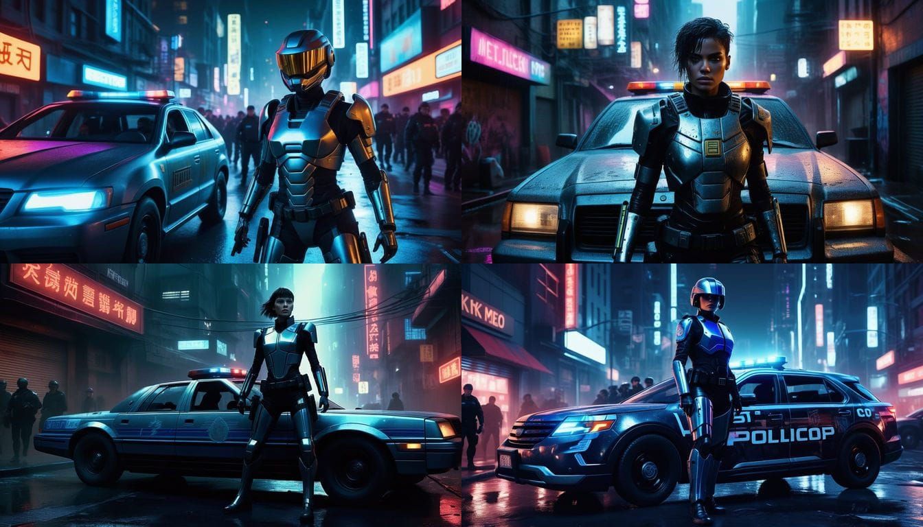 Cyberpunk Cop Emerges from Urban Chaos