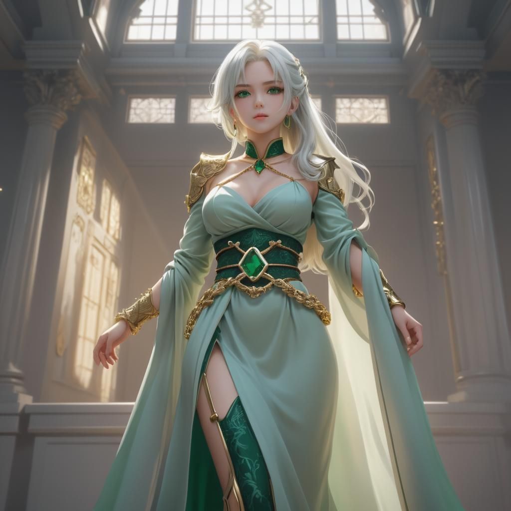 Emerald Dress and Platinum Hair in 3D Anime Art