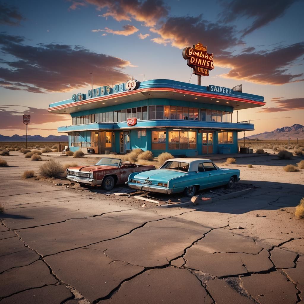 Abandoned Diner on Route 66 in a Desert Landscape