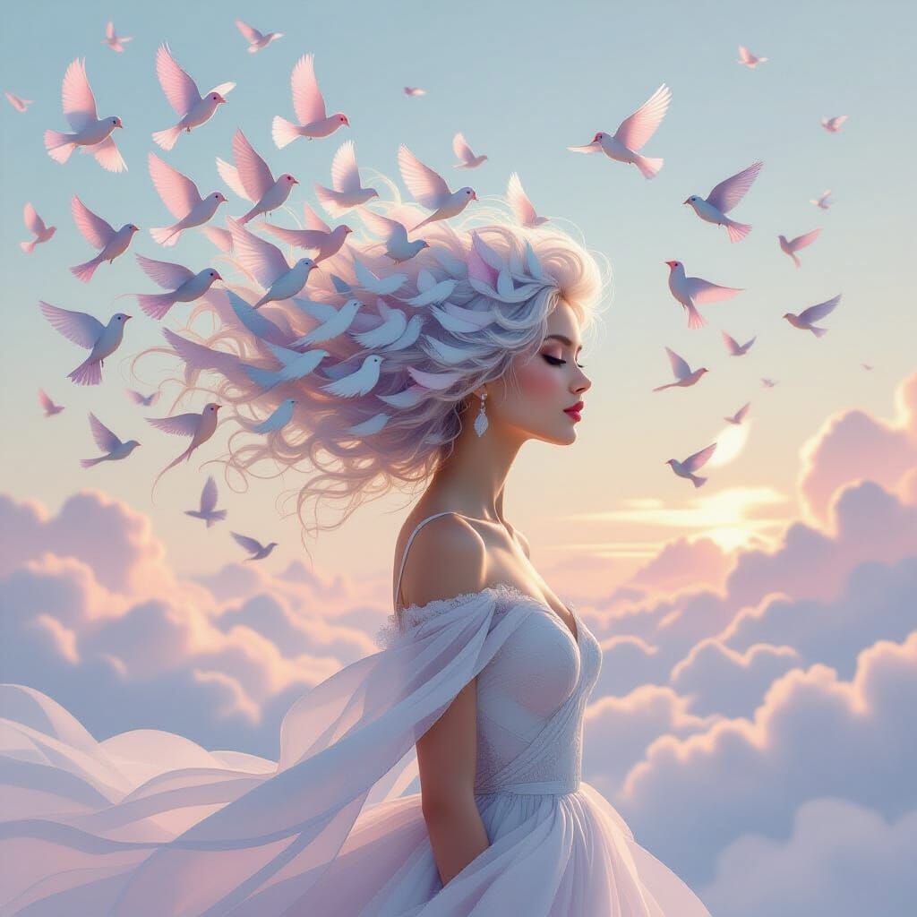 Surreal Portrait: Woman's Hair Becomes Pastel Birds