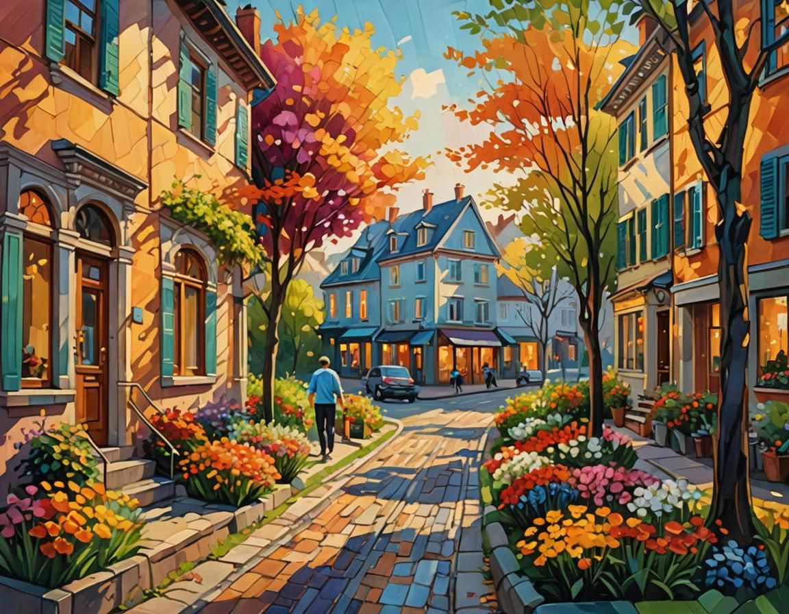 Colorful Impressionist Street Scene with Flowers and Couples