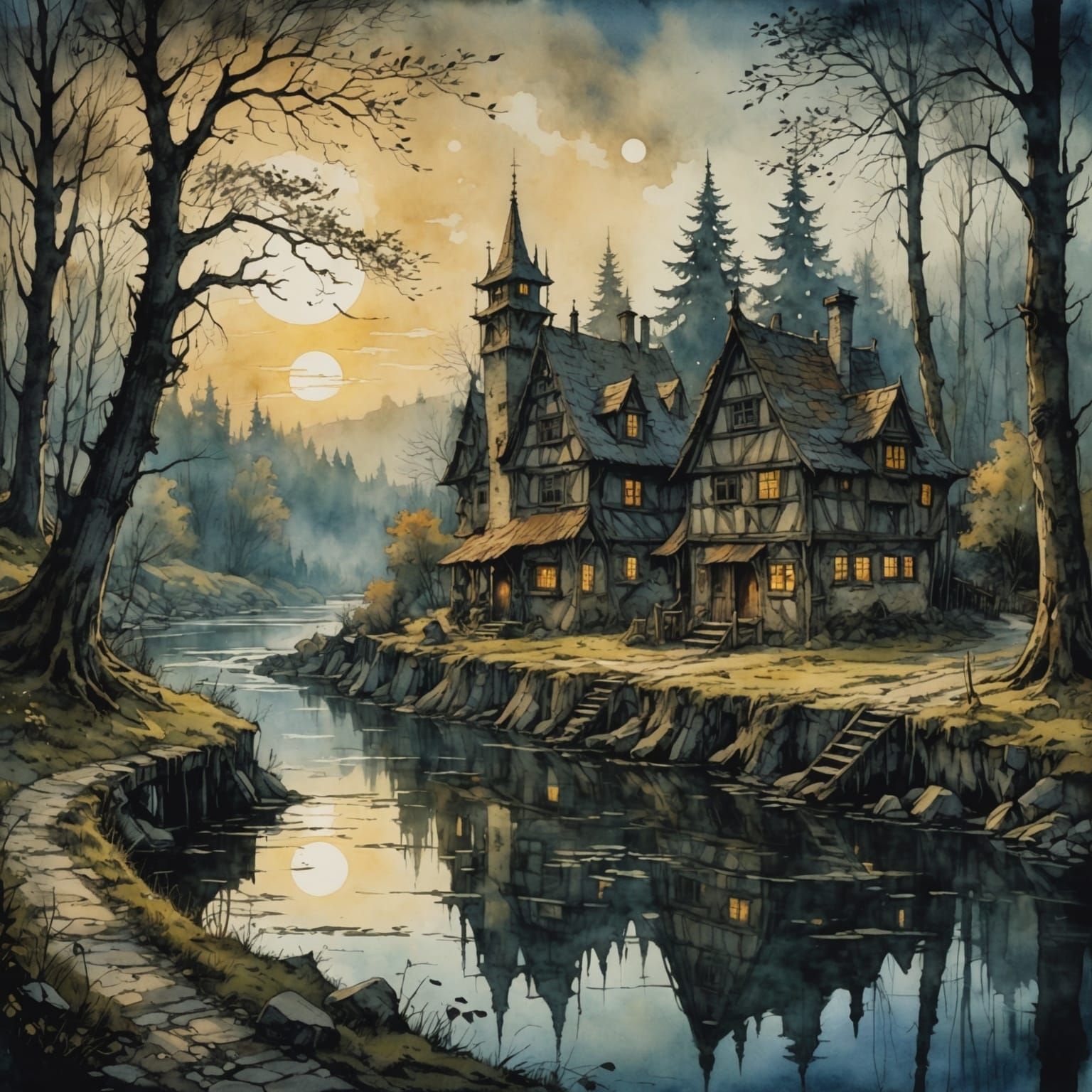 Fairytale Village by a Creepy River, Watercolor