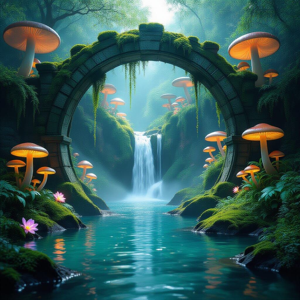 Mossy Archway Reveals Hidden Waterfall & Luminous Mushrooms