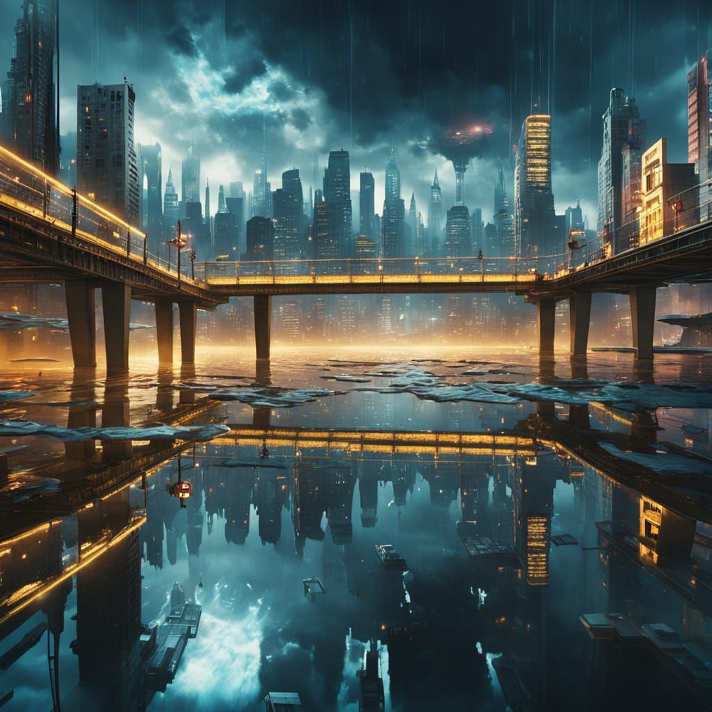 Floating City Above Cityscape with Neon Lights