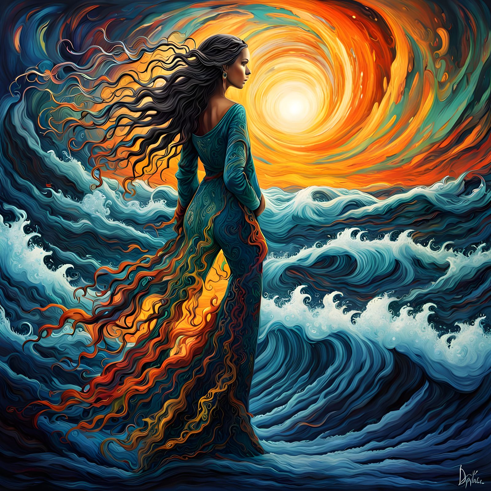 A Bohemian Goddess Emerges from the Ocean's Nighttime Waves