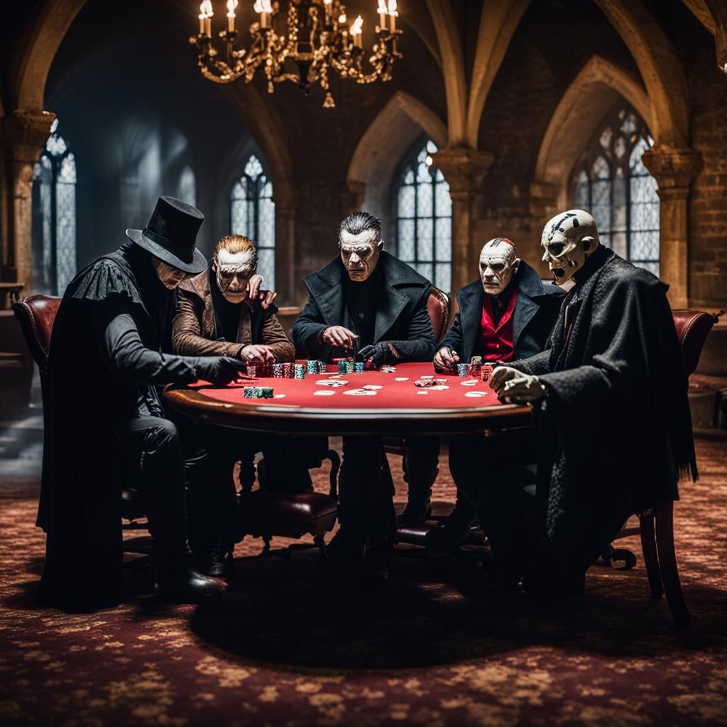 Horror Icons Play Poker in Gothic Castle