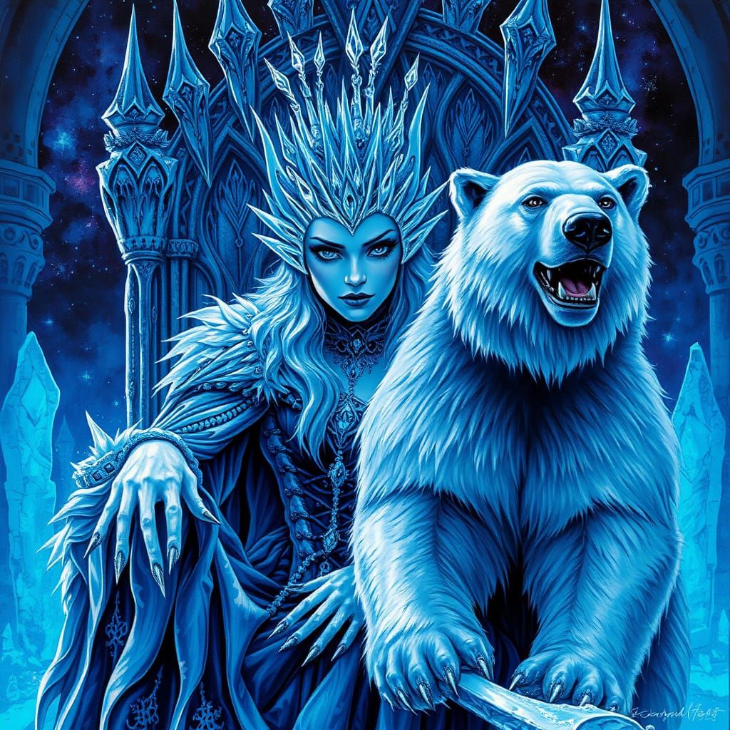 Gothic Snow Queen in Holagraphic Palace with Polar Bear