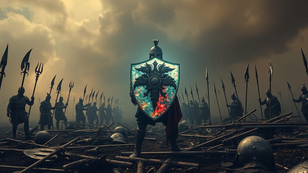 Ancient Warrior Surrounded by Magic Holographic Shield in De...