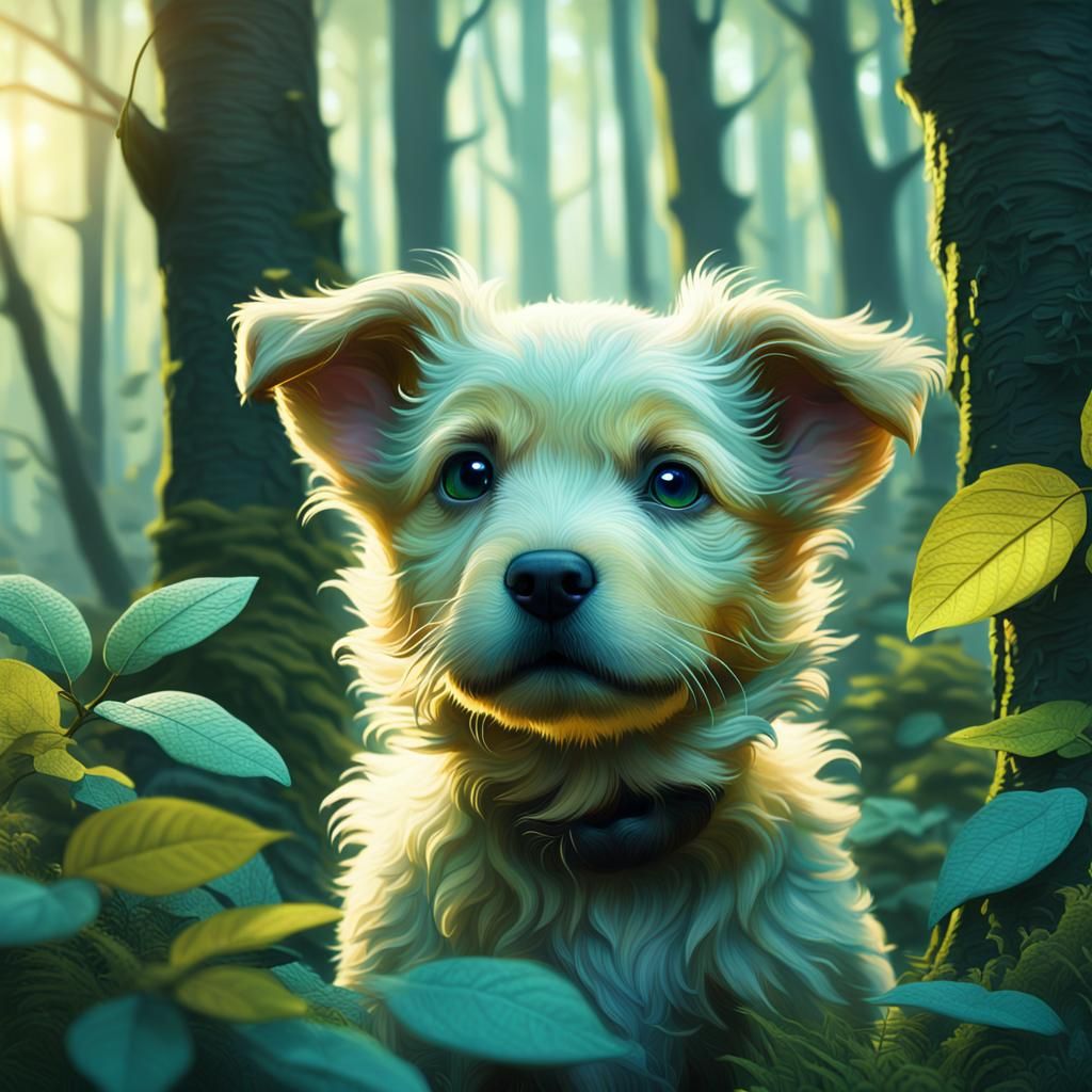 Mystical Lemur Puppy in Whimsical Fantasy Landscape