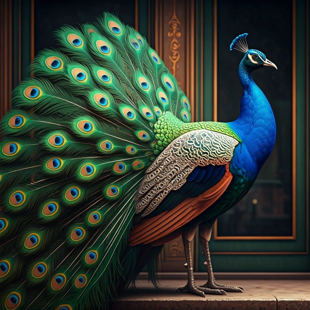 Vibrant Retro Peacock Statue Over 50s City Cafe in Cyberpunk...