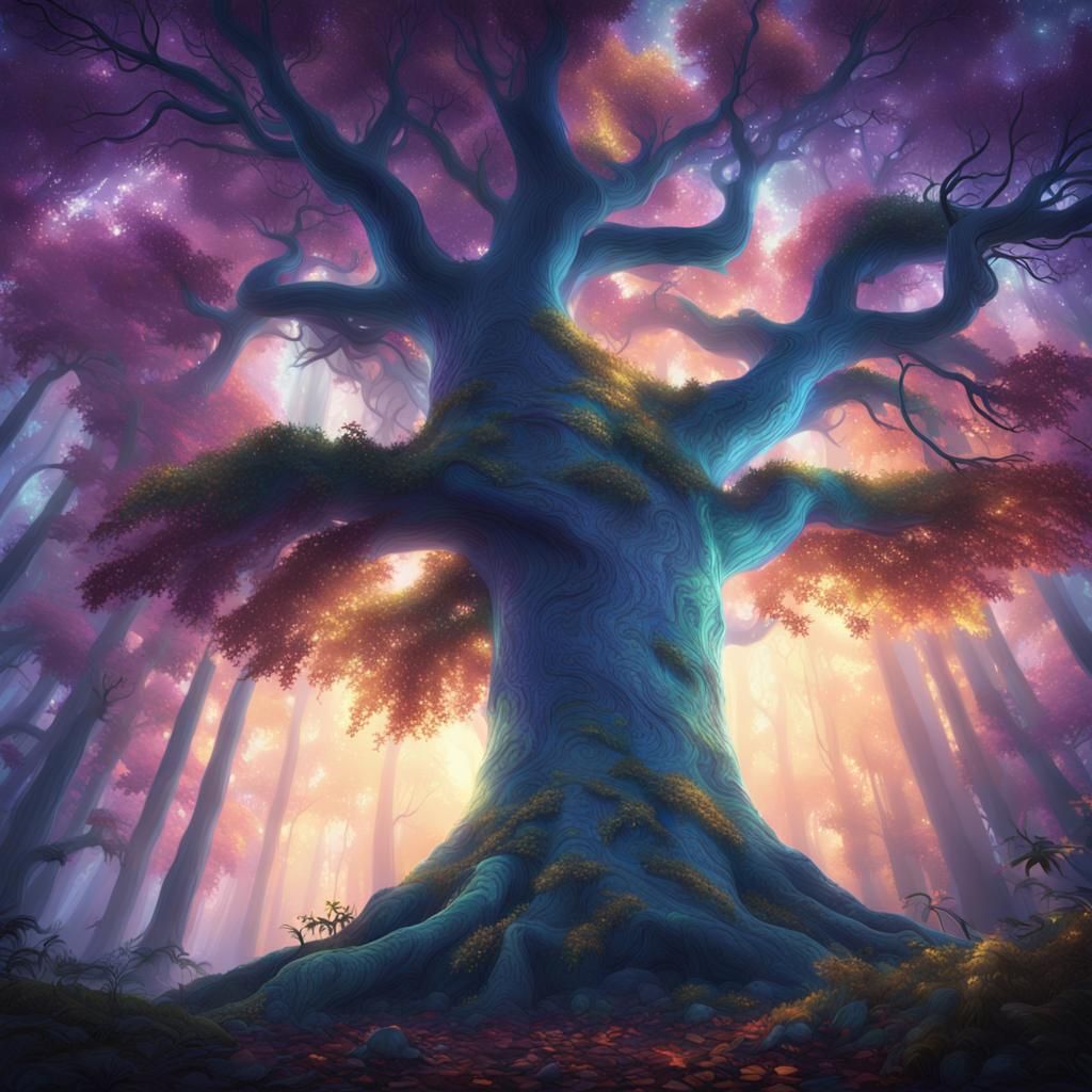 Mystical Glowing Tree in Lush Forest